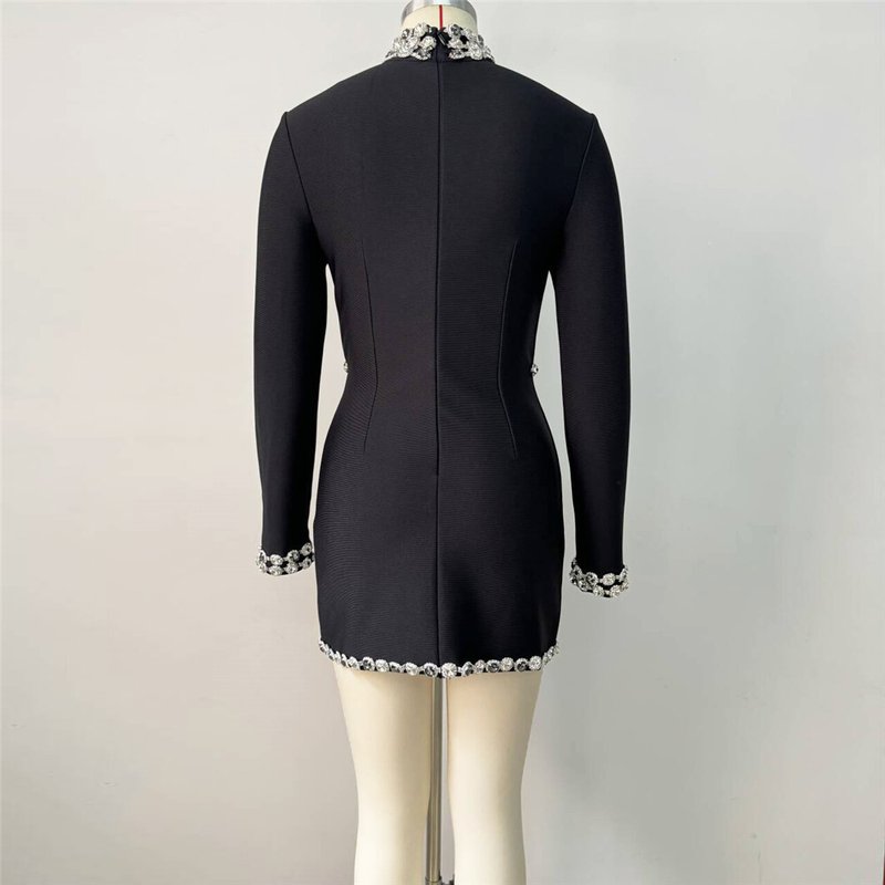 Black Long Sleeve Embellished Mini Dress H6525