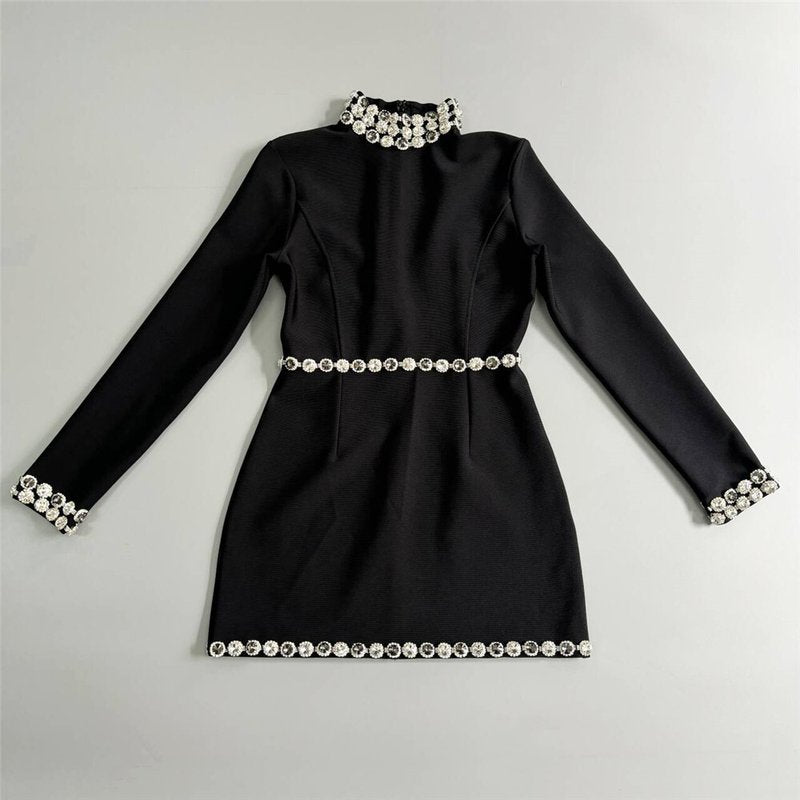 Black Long Sleeve Embellished Mini Dress H6525