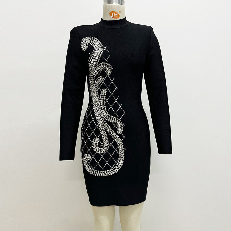 Black Long Sleeve Embellished Mini Dress H6573