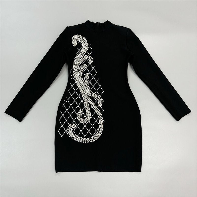Black Long Sleeve Embellished Mini Dress H6573