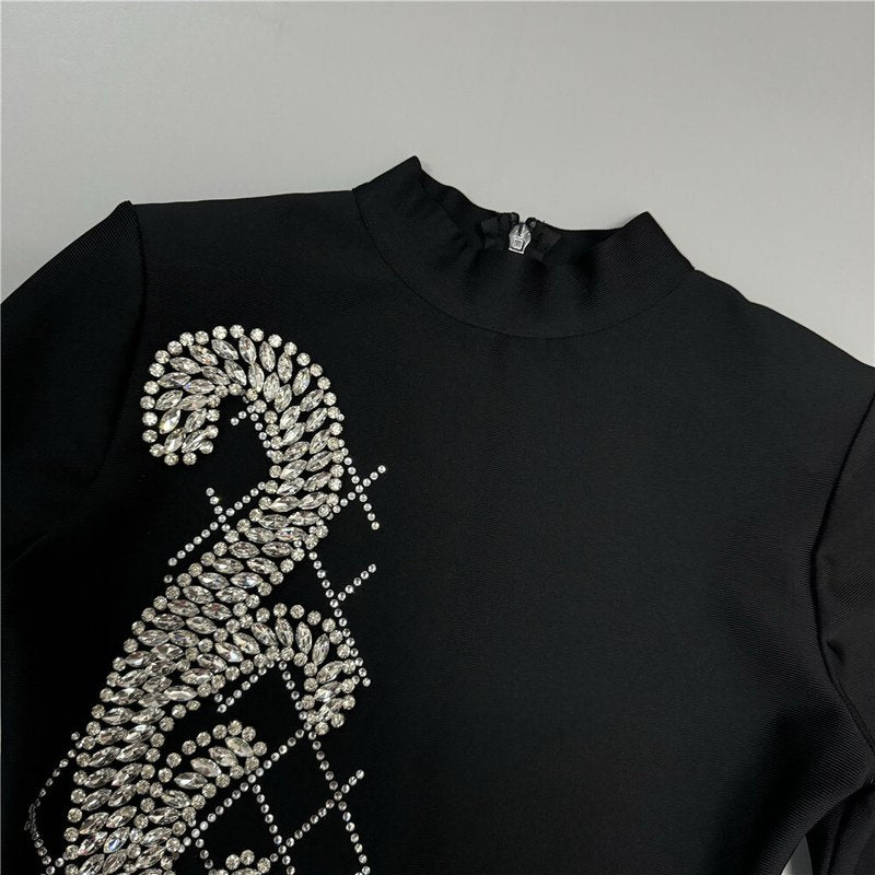 Black Long Sleeve Embellished Mini Dress H6573