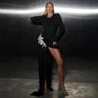 Black Long Sleeve Embellished Slit Dress H6821