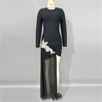 Black Long Sleeve Embellished Slit Dress H6821