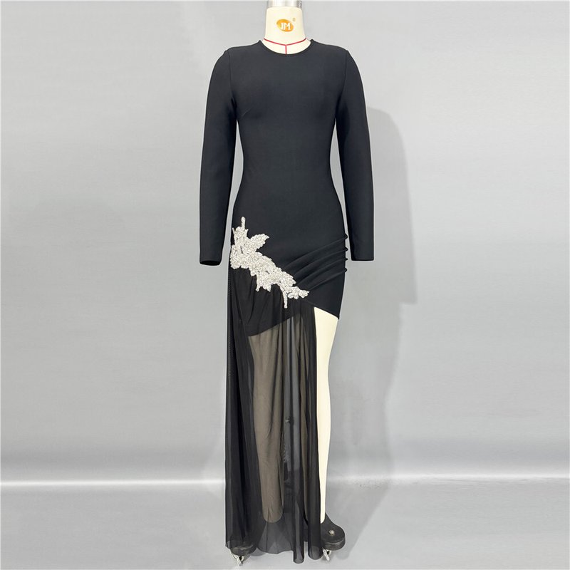 Black Long Sleeve Embellished Slit Dress H6821