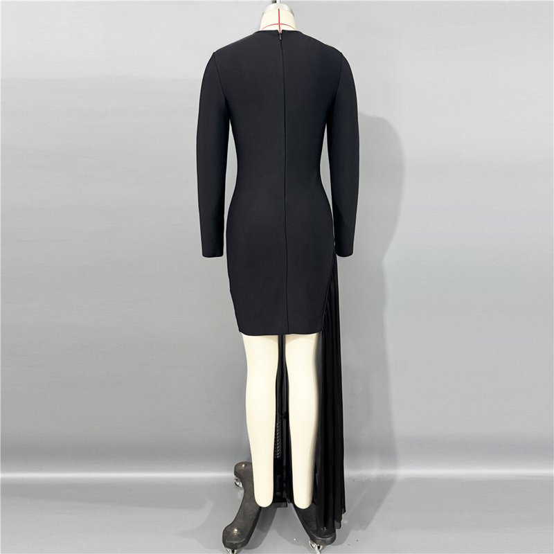Black Long Sleeve Embellished Slit Dress H6821