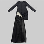 Black Long Sleeve Embellished Slit Dress H6821
