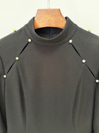 Black Long Sleeve Pearl-Embellished Gown H6741