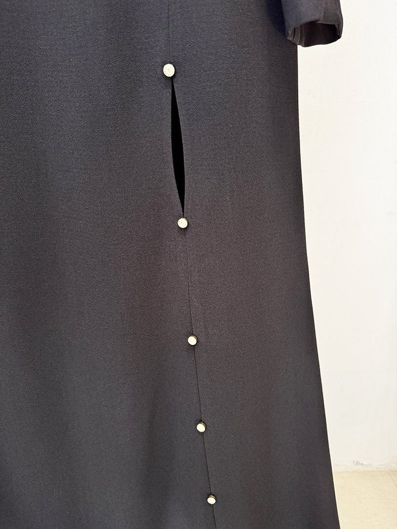 Black Long Sleeve Pearl-Embellished Gown H6741