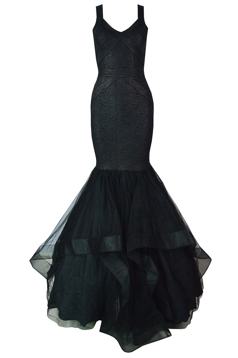 Black Mermaid Tulle Gown with Sequin Skirt H2571