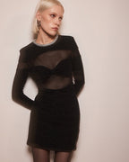Black Mesh Panel Long Sleeve Mini Dress H6163