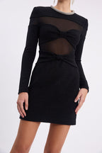 Black Mesh Panel Long Sleeve Mini Dress H6163