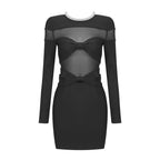 Black Mesh Panel Long Sleeve Mini Dress H6163