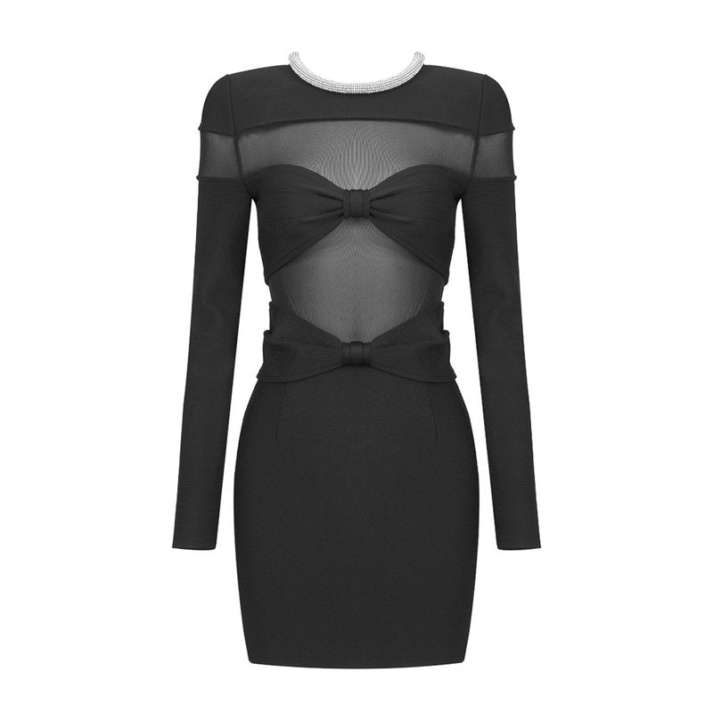 Black Mesh Panel Long Sleeve Mini Dress H6163