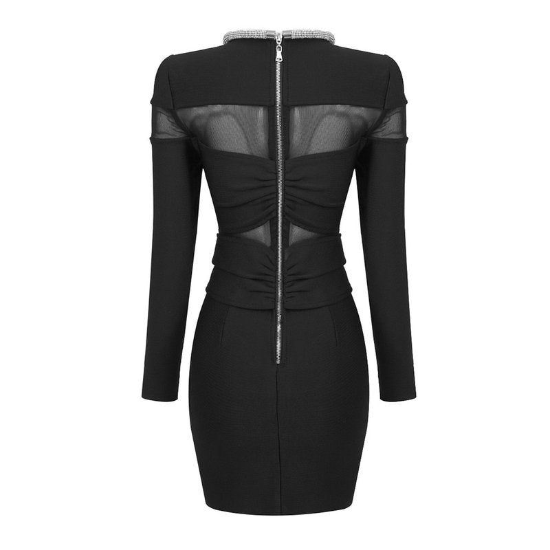 Black Mesh Panel Long Sleeve Mini Dress H6163
