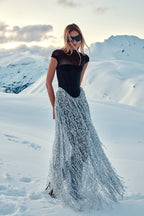Black Mesh Top with Silver Fringe Maxi Skirt H6639