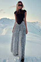 Black Mesh Top with Silver Fringe Maxi Skirt H6639