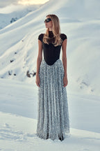 Black Mesh Top with Silver Fringe Maxi Skirt H6639
