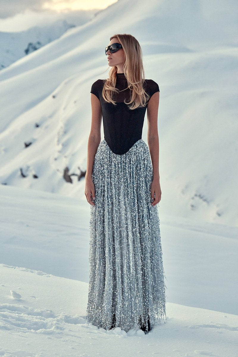 Black Mesh Top with Silver Fringe Maxi Skirt H6639