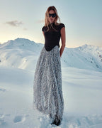 Black Mesh Top with Silver Fringe Maxi Skirt H6639