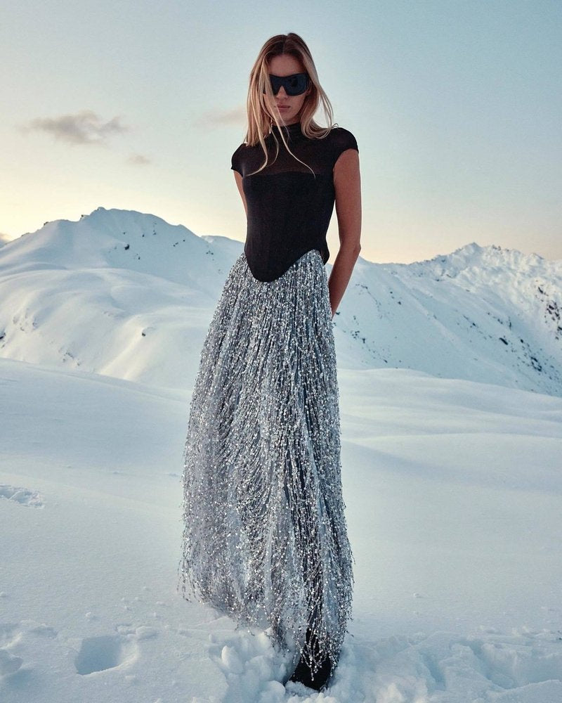 Black Mesh Top with Silver Fringe Maxi Skirt H6639