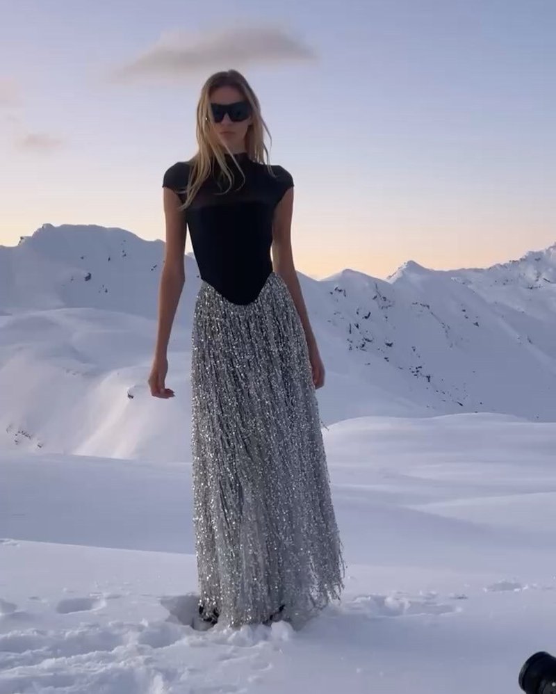 Black Mesh Top with Silver Fringe Maxi Skirt H6639