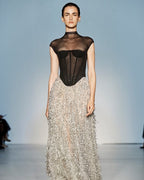 Black Mesh Top with Silver Fringe Maxi Skirt H6639
