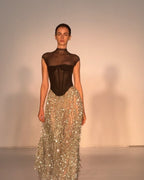 Black Mesh Top with Silver Fringe Maxi Skirt H6639