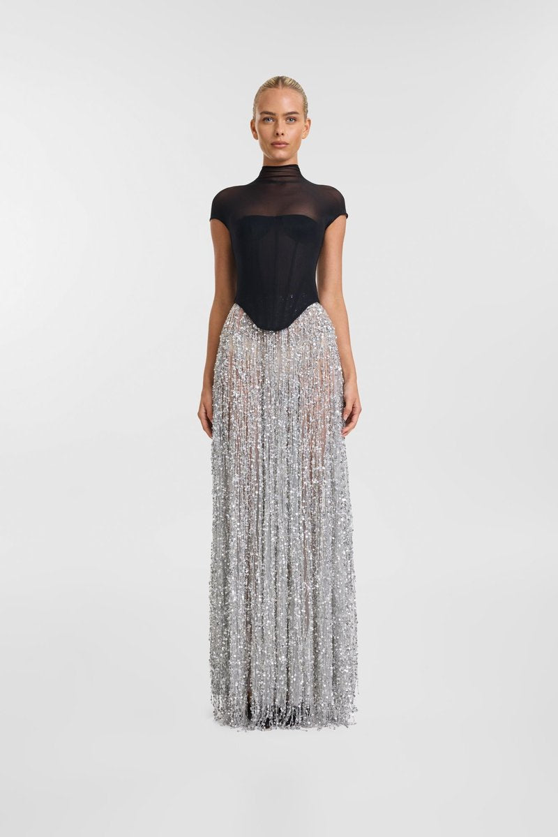 Black Mesh Top with Silver Fringe Maxi Skirt H6639
