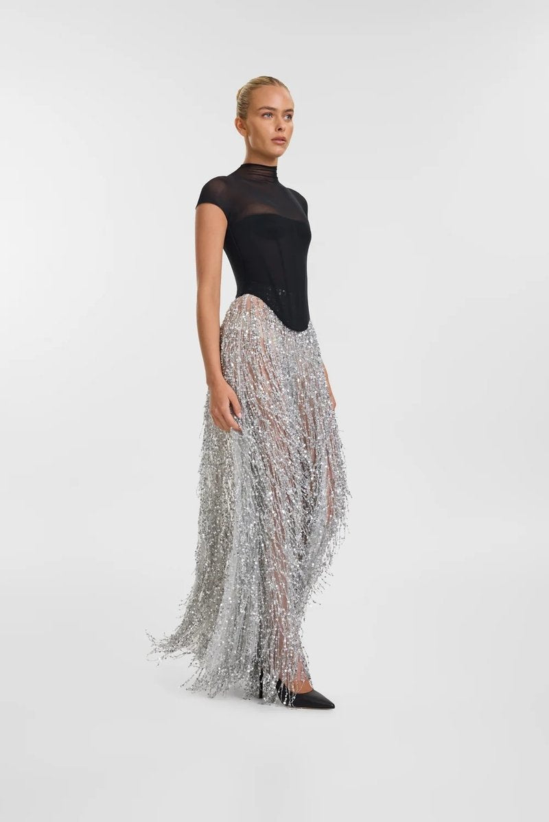 Black Mesh Top with Silver Fringe Maxi Skirt H6639