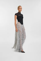 Black Mesh Top with Silver Fringe Maxi Skirt H6639