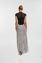 Black Mesh Top with Silver Fringe Maxi Skirt H6639