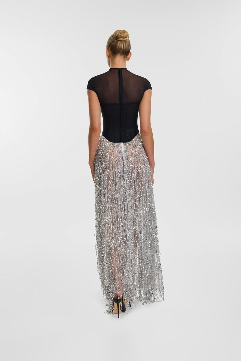 Black Mesh Top with Silver Fringe Maxi Skirt H6639