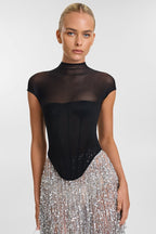 Black Mesh Top with Silver Fringe Maxi Skirt H6639