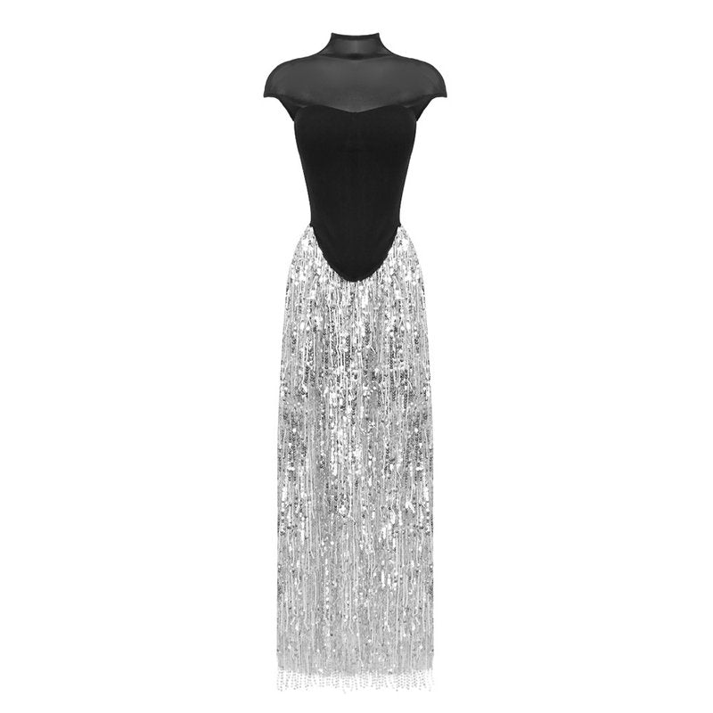 Black Mesh Top with Silver Fringe Maxi Skirt H6639