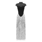 Black Mesh Top with Silver Fringe Maxi Skirt H6639