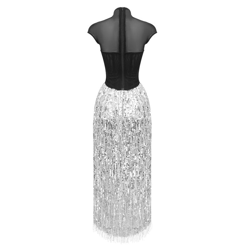 Black Mesh Top with Silver Fringe Maxi Skirt H6639