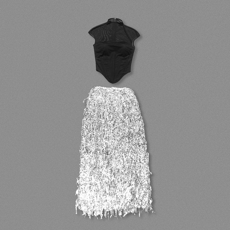 Black Mesh Top with Silver Fringe Maxi Skirt H6639