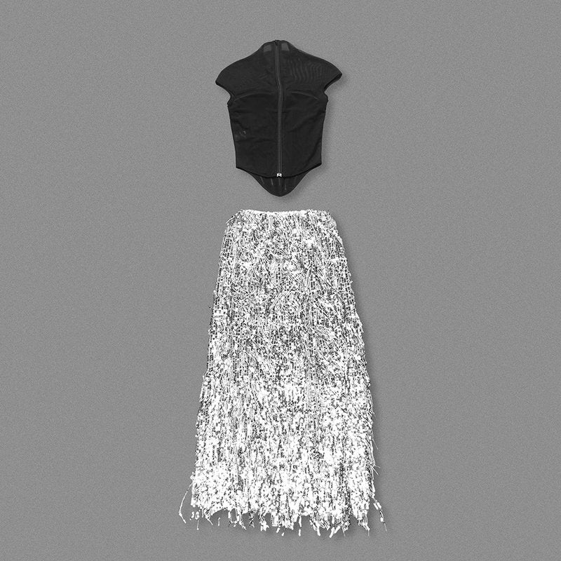 Black Mesh Top with Silver Fringe Maxi Skirt H6639
