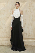 Black Pleated Gown with White Floral Neckline H7134