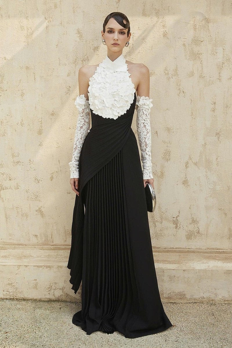 Black Pleated Gown with White Floral Neckline H7134