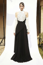 Black Pleated Gown with White Floral Neckline H7134