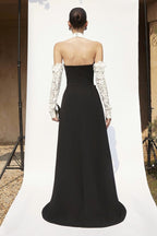 Black Pleated Gown with White Floral Neckline H7134