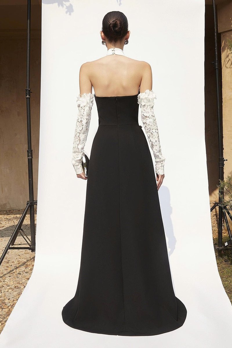 Black Pleated Gown with White Floral Neckline H7134