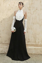 Black Pleated Gown with White Floral Neckline H7134