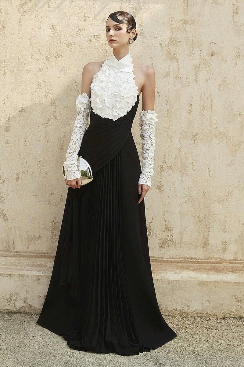 Black Pleated Gown with White Floral Neckline H7134