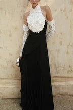 Black Pleated Gown with White Floral Neckline H7134