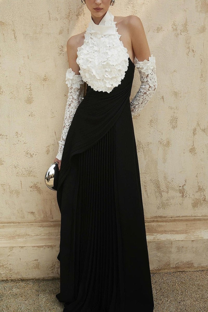 Black Pleated Gown with White Floral Neckline H7134