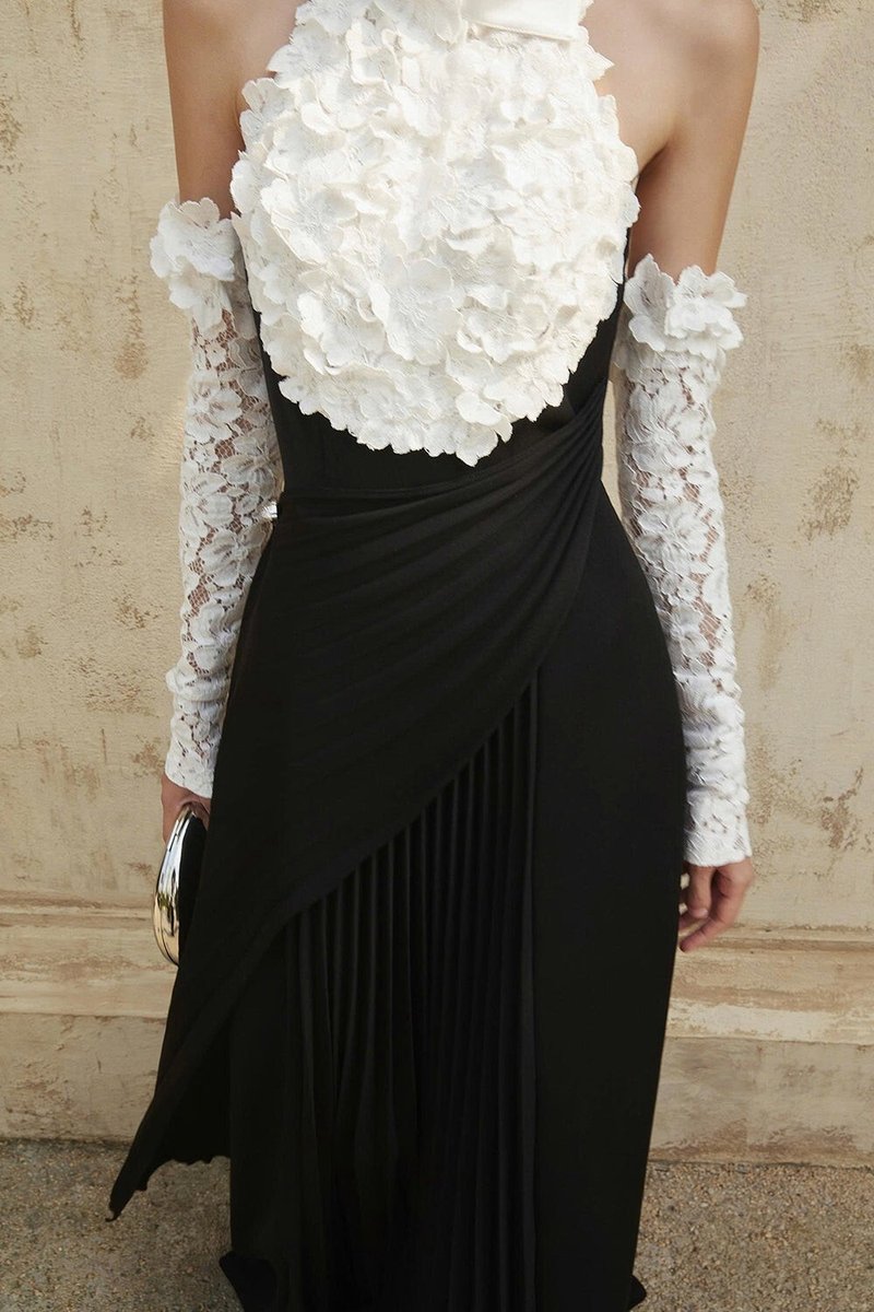 Black Pleated Gown with White Floral Neckline H7134