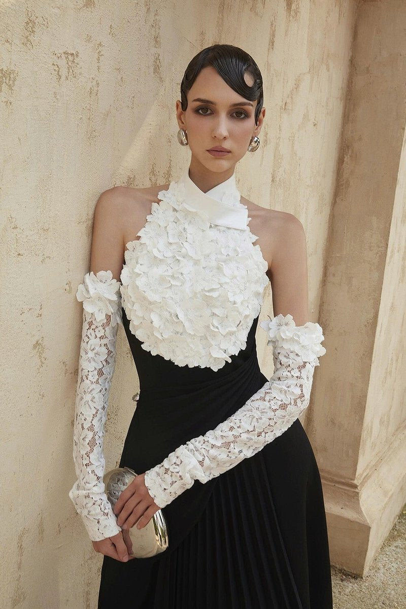 Black Pleated Gown with White Floral Neckline H7134