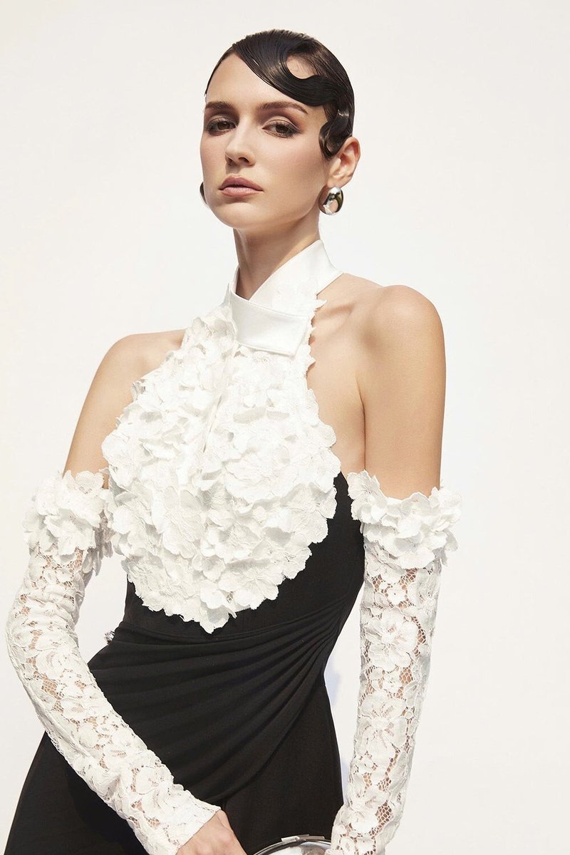 Black Pleated Gown with White Floral Neckline H7134